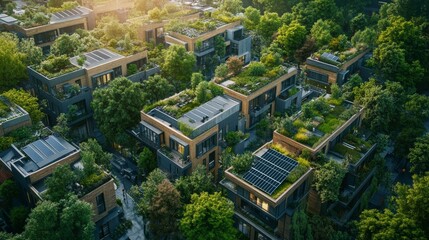 Fototapeta premium Aerial View of Green Cityscape with Rooftop Gardens and Trees