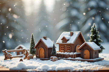 Naklejka premium Scandinavian village model on a wooden table