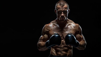 Fototapeta premium A muscular boxer poses in a fighting stance, highlighting his strength, focus, and determination in a dramatic low-light setting.