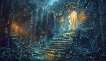 Ruined Ancient Temple Staircase Leading to Light