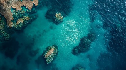 Obraz premium Aerial view of clear blue water with coral formations and rocky outcrops.