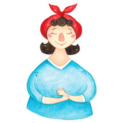 A girl in a red scarf and a blue half-belief on a white background. Hand drawn watercolor illustration. mother's day, international women's day, women's day, cartoon, character