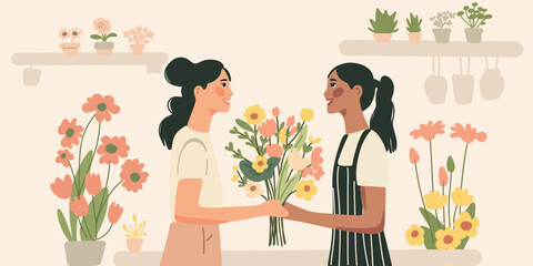 Illustration of a client and florist talking about flower bouquet choices, with a minimalist flower arrangement in the background