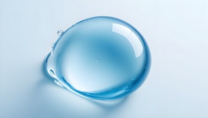 A large, translucent blue water droplet or bubble against a light blue background