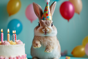 bunny wearing birthday hat in front of a birthday cake in plain color background