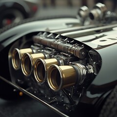 Fototapeta premium Close-up of a vintage race car's powerful, exposed engine with four gold exhaust pipes.