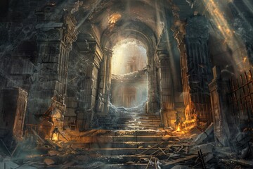 Sunlit Ruins Of An Ancient Stone Staircase
