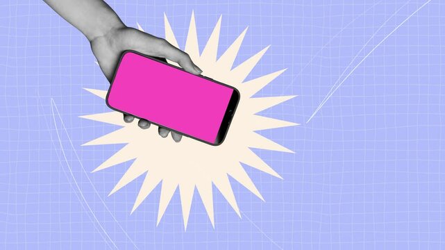 Motion poster trend art collage video of hand hold phone screen pour dollar coin income usd capital ebank transaction 