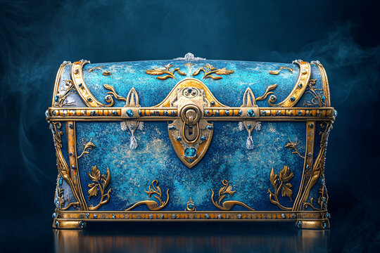 blue and gold treasure chest with ornate decorations and a mystical radiant glow
