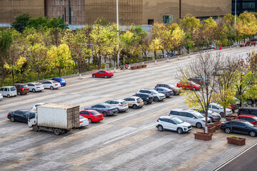 Parking Lot View with Contemporary Architecture and Autumnal Trees