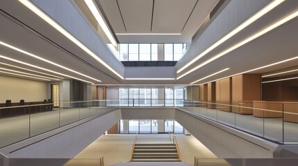Fototapeta premium Modern Architectural Design: A View of a Staircase and a Multi-Level Lobby