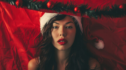 Naklejka premium young woman in a festive santa hat on red background