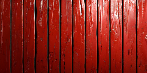 A close-up of vertical wooden planks painted in a vibrant red hue, showcasing texture and a rustic appearance.