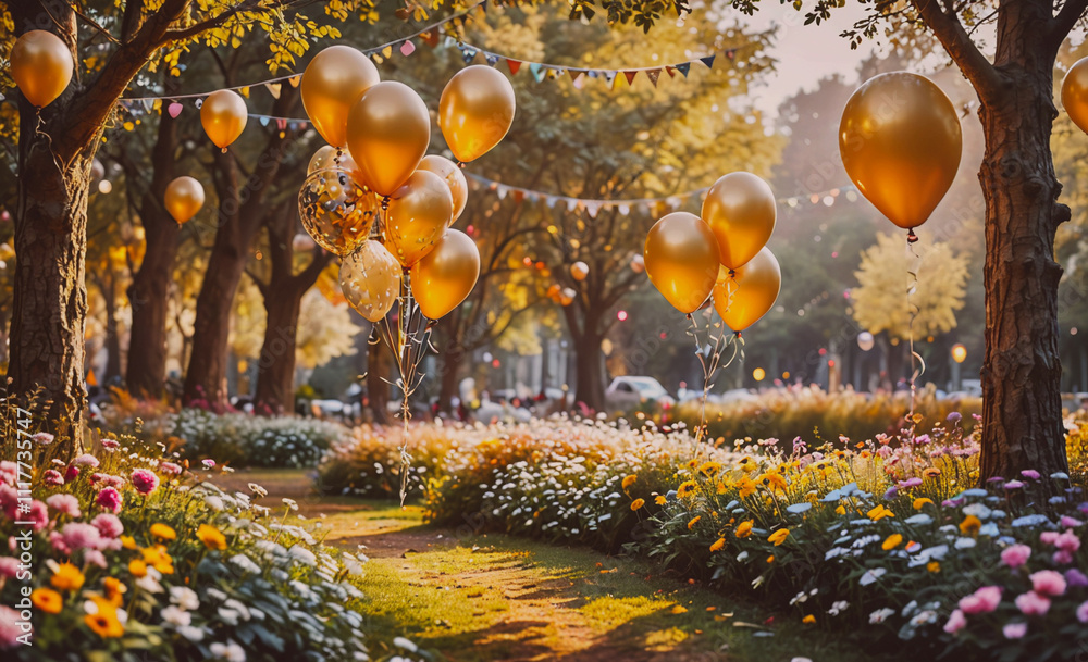 Poster a field of flowers with a path and a bunch of balloons. the balloons are gold and are scattered thro