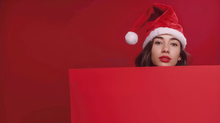 young woman in a festive santa hat on red background