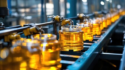 Naklejka premium Conveyor Belt of Glass Jars Filled with a Golden Liquid