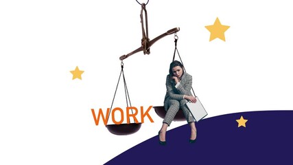 Motion poster art collage video of puzzled businesswoman sit scales work tension hold clipboard depression workload