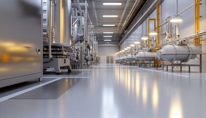 A clean, modern industrial facility showcasing stainless steel equipment, illuminated by bright overhead lights, with a polished floor and organized layout.