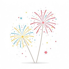Simple flat illustration of colorful fireworks bursting in the air on a plain white background.