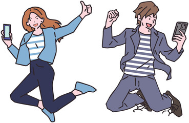 スマホを持って飛び跳ねる男女