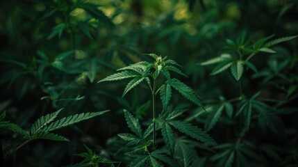 Lush Cannabis Plants in a Dark Forest Setting