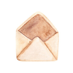 Open old Envelope in Vintage style. Watercolor hand drawn Retro illustration in beige tones isolated on a white background. Design element for Valentines day or Wedding.