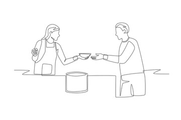 Serving at soup kitchens concept one-line drawing