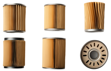 Six different views of cylindrical air filters for engines