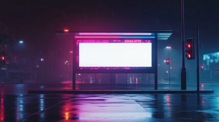 Blank digital screen at urban bus stop under glowing streetlamp