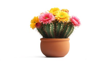 Naklejka premium A colorful cactus arrangement with vibrant flowers in a terracotta pot.