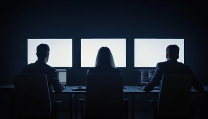 Cybersecurity analysis team monitoring threats control room digital surveillance dark environment back view data protection concepts