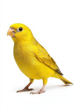 A bright yellow canary stands confidently on a white background, showcasing its vibrant feathers and charming personality.