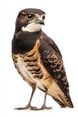 A striking bird with dark plumage, prominent eyes, and distinctive marked feathers, showcasing its beauty and unique characteristics.