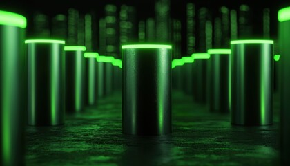 A futuristic scene featuring rows of glowing green cylinders, creating a mesmerizing visual effect against a dark background.