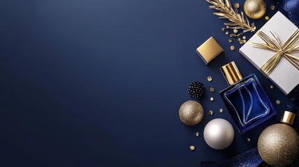 Holiday gift preparation with perfume and decorations elegant setting lifestyle concept festive atmosphere