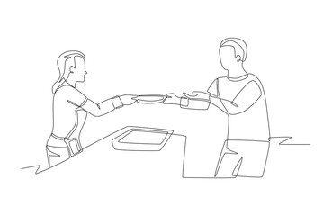 Serving at soup kitchens concept one-line drawing