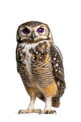 A striking owl with distinctive purple eyes stands poised, showcasing its detailed feathers and unique coloration against a white background.