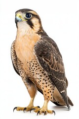 A striking falcon with distinctive markings, showcasing its powerful build and keen gaze, ready for flight.