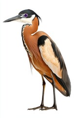 Obraz premium A striking heron with colorful plumage stands elegantly, showcasing its long legs and elongated neck against a white background.