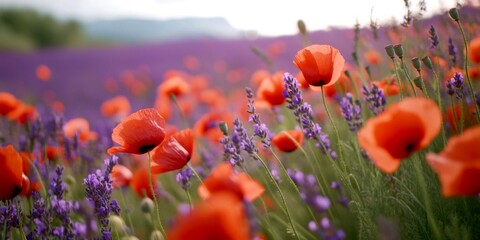Obraz premium A vibrant field of red poppies mixed with purple lavender flowers creates a perfect landscape. This photo captures the essence of summer blooms in nature. Ideal for floral art and decorative use. AI