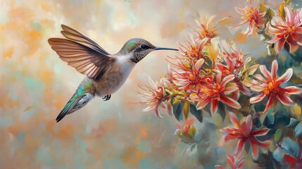 Naklejka premium Hummingbird and Flowers: A Whimsical Garden Scene