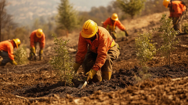 Firefighters replanting trees after wildfire devastation in burnt forest