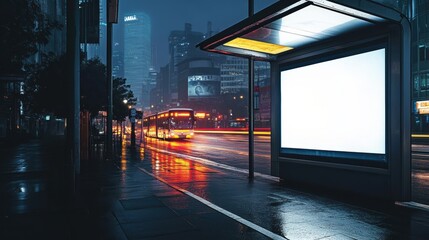 Digital billboard at minimalist bus stop with urban reflections