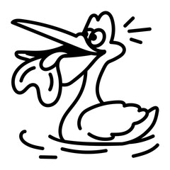 Pelican character eating fish from water, hand drawn icon 

