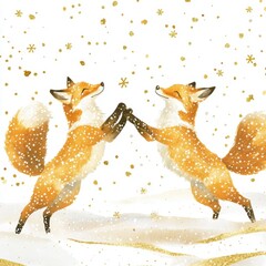 Playful foxes dancing in snow winter wonderland illustration joyful whimsical