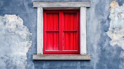 Vibrant Red Window on Weathered Blue Wall.