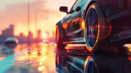 Sunset Drive: A Luxurious Sports Car on a Wet City Street