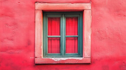 Vibrant Red Wall with Green Window and Red Curtains.