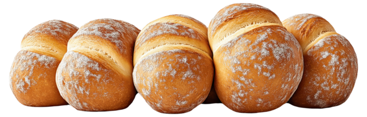 Five fresh white bread rolls with flour on top