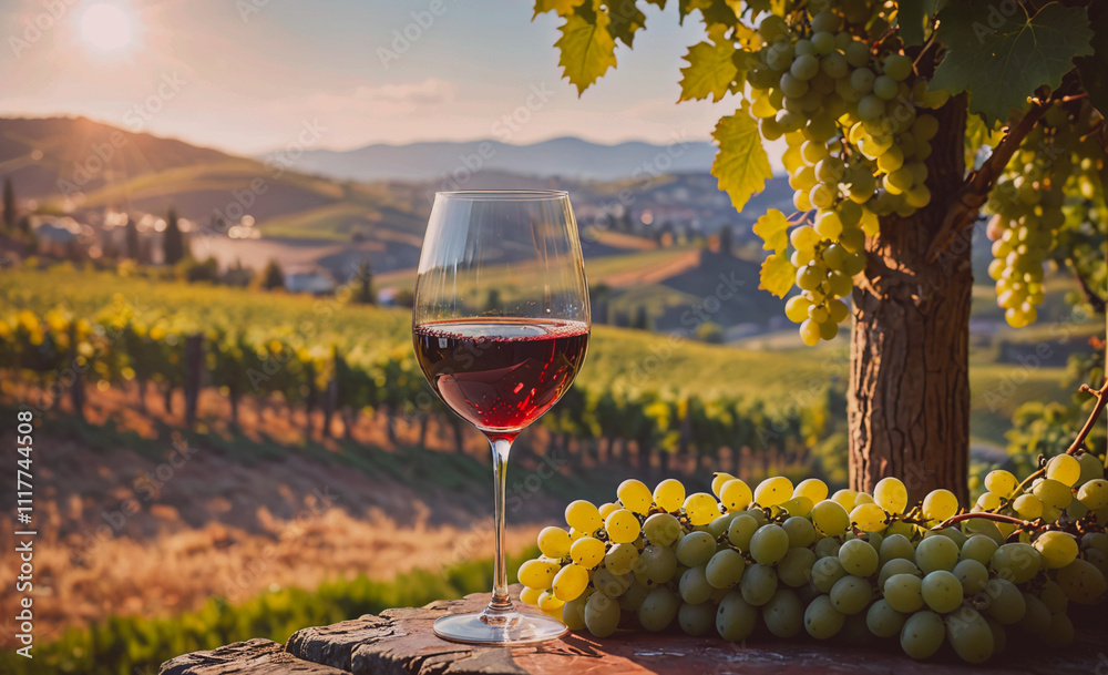 Poster A glass of red wine is on a table next to a bunch of grapes. The scene is set in a vineyard, with a beautiful view of the hills in the background